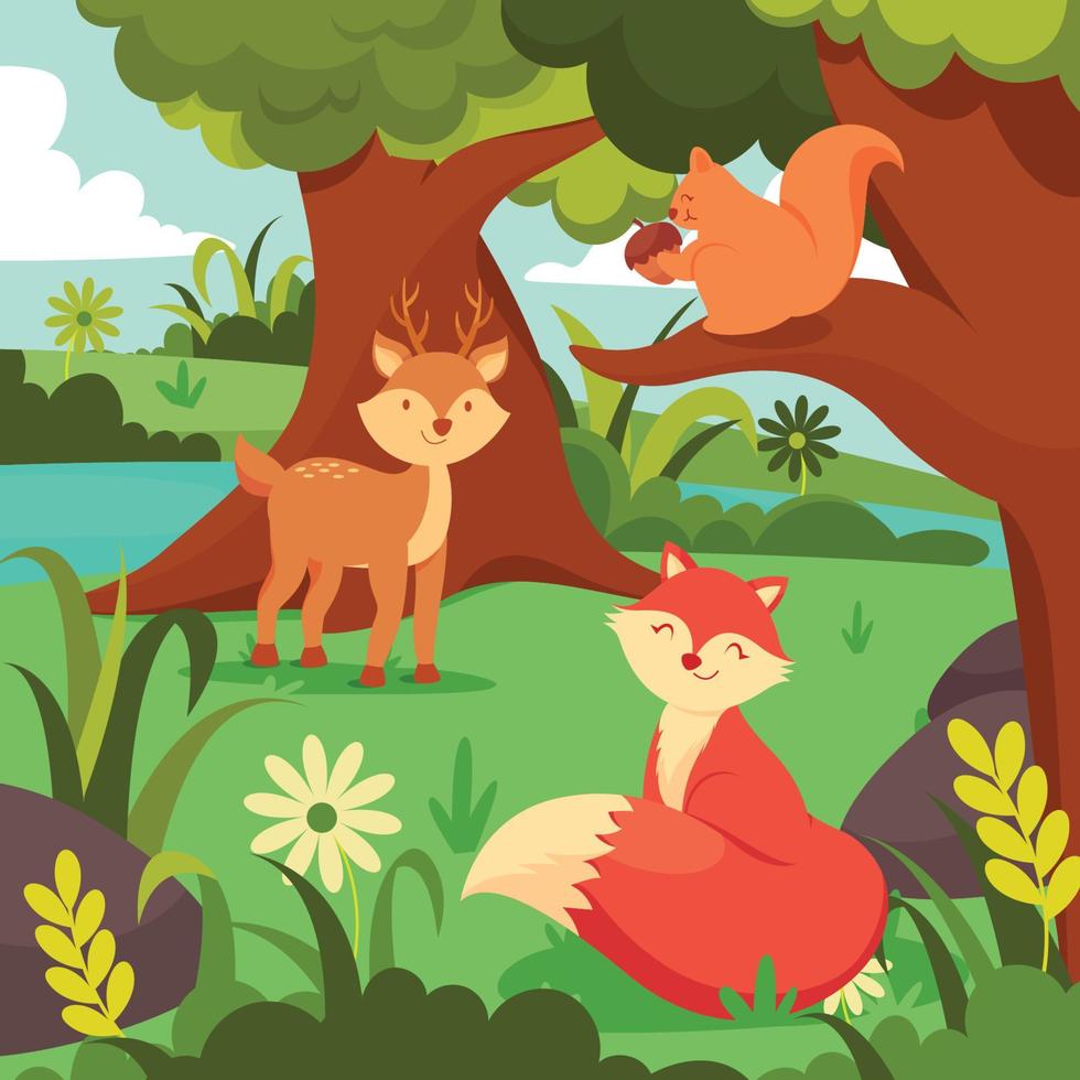 animales de primavera en el bosque vector