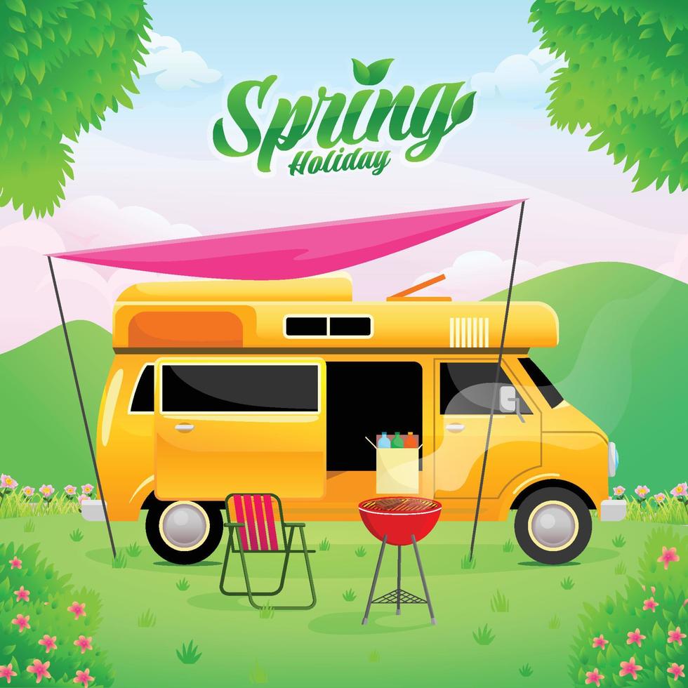 Spring Camper Van with Barbercue vector