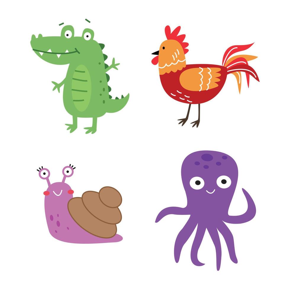 Set of various animal illustrations in funny cartoon style vector