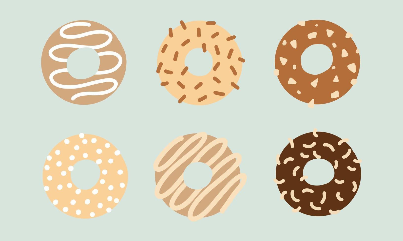 Flat design illustrations of donuts with various toppings. vector