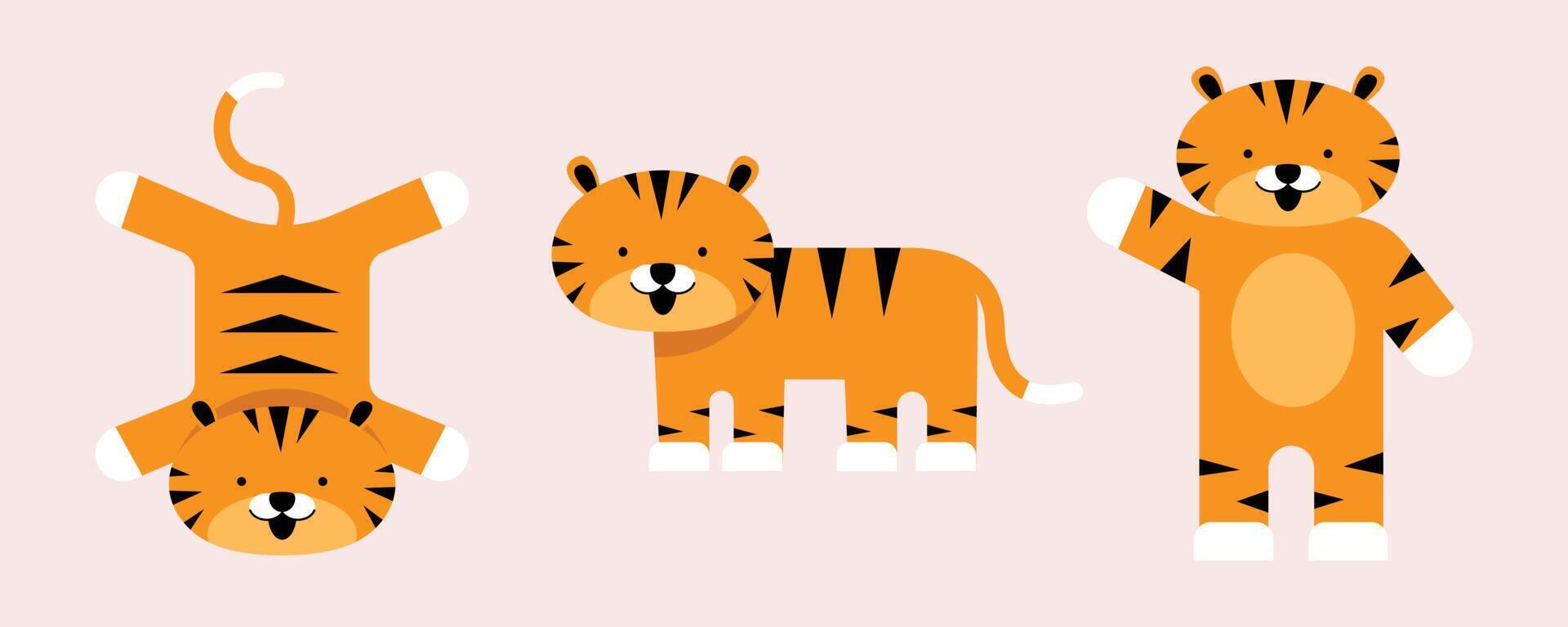 A wildlife animal illustrated in a cute style. Set of tiger illustrations in various poses. vector