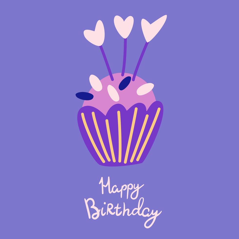 pastel de cumpleaños. muffin dulce con velas y corazones. tarjeta de cumpleaños. genial para afiches, tarjetas, estampados de ropa, decoración, día de san valentín. ilustración de dibujos animados de vectores