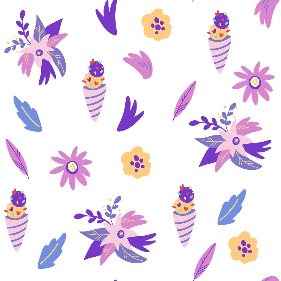 helado y flores de patrones sin fisuras. genial para tela, textil. bueno para la decoración de fiestas infantiles. ilustración de dibujos animados de vectores