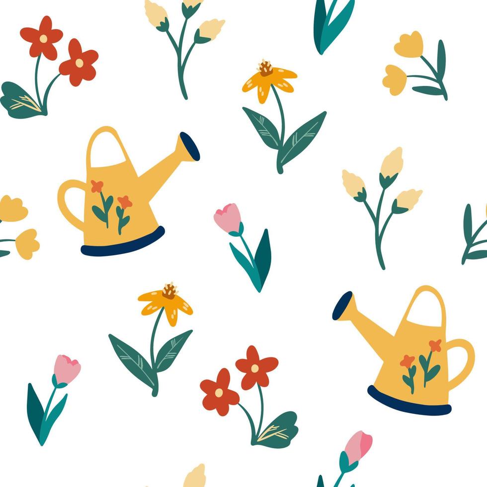 Flowers and watering can seamless pattern. Floral Spring background. Baby design for fabric, print, textile, wrapper. Vector illustration of gardening elements.