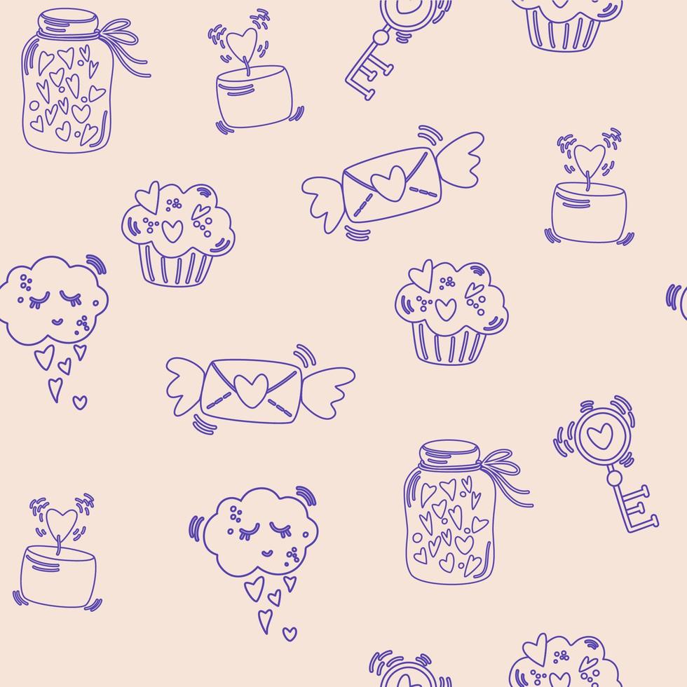 Valentines Day seamless pattern. Love and wedding outline icons set. Hand-drawn doodles elements. Great for fabric, textile. Vector cartoon Illustration