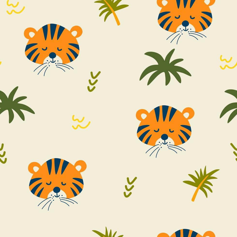 Cartoon tiger seamless pattern. Muzzle of a cute tiger cub with jungle plants. Tropical Animals. Children design for fabric, print, wrapper, textile. Vector flat illustration for kids