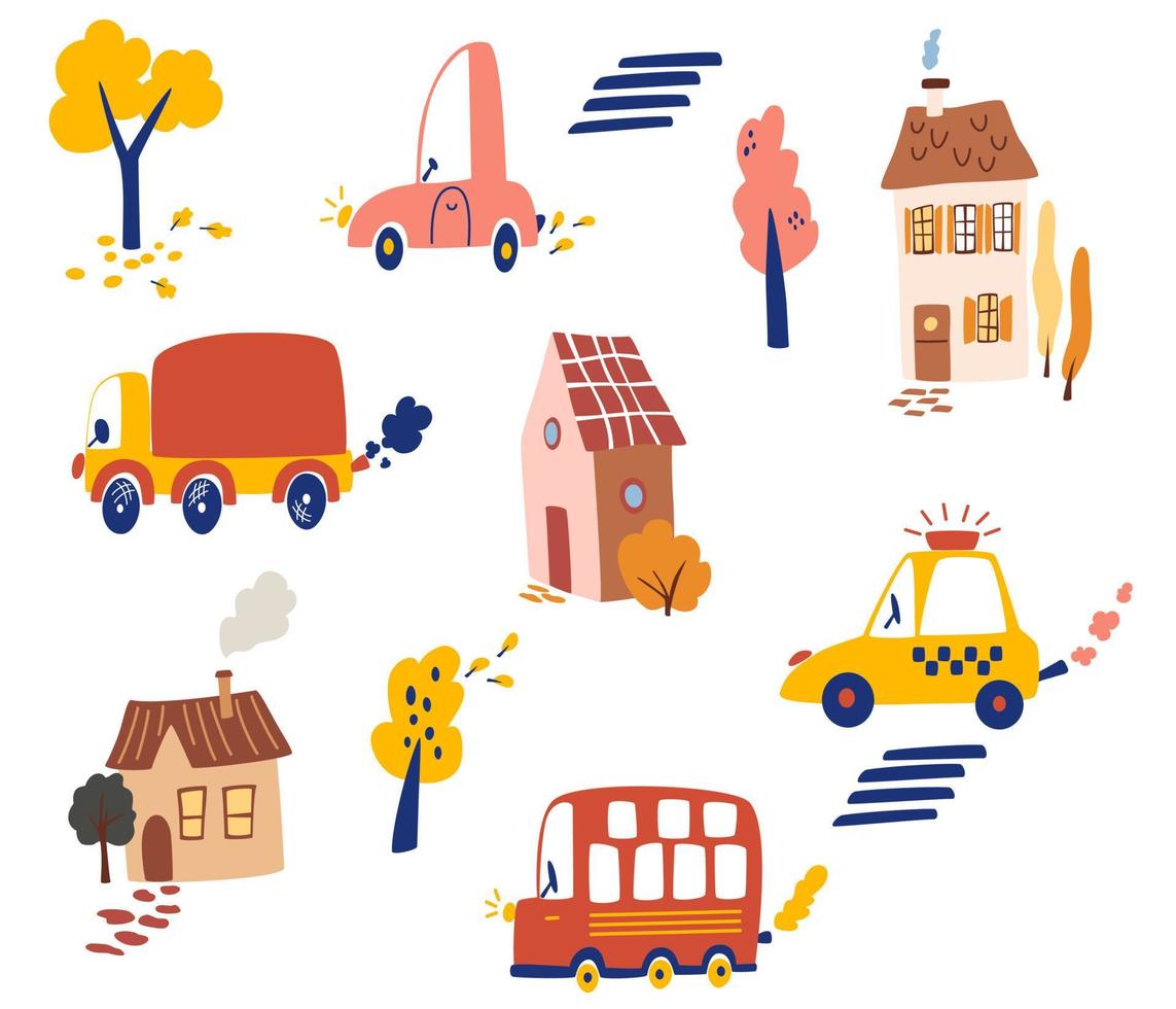 Cute cars and houses collection. Bus, taxi and pickup auto in Scandinavian style. Childish road transport toys set. Colored flat vector illustrations isolated on white background