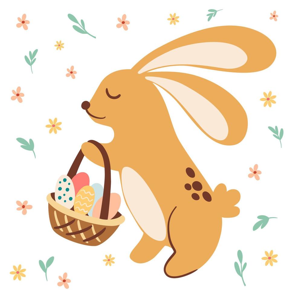 Cute bunny with a basket of eggs. Cartoon rabbit holds a wicker basket. Spring composition for a Happy Easter. Perfect for printing, greeting cards, invitations and stickers. Vector illustration.