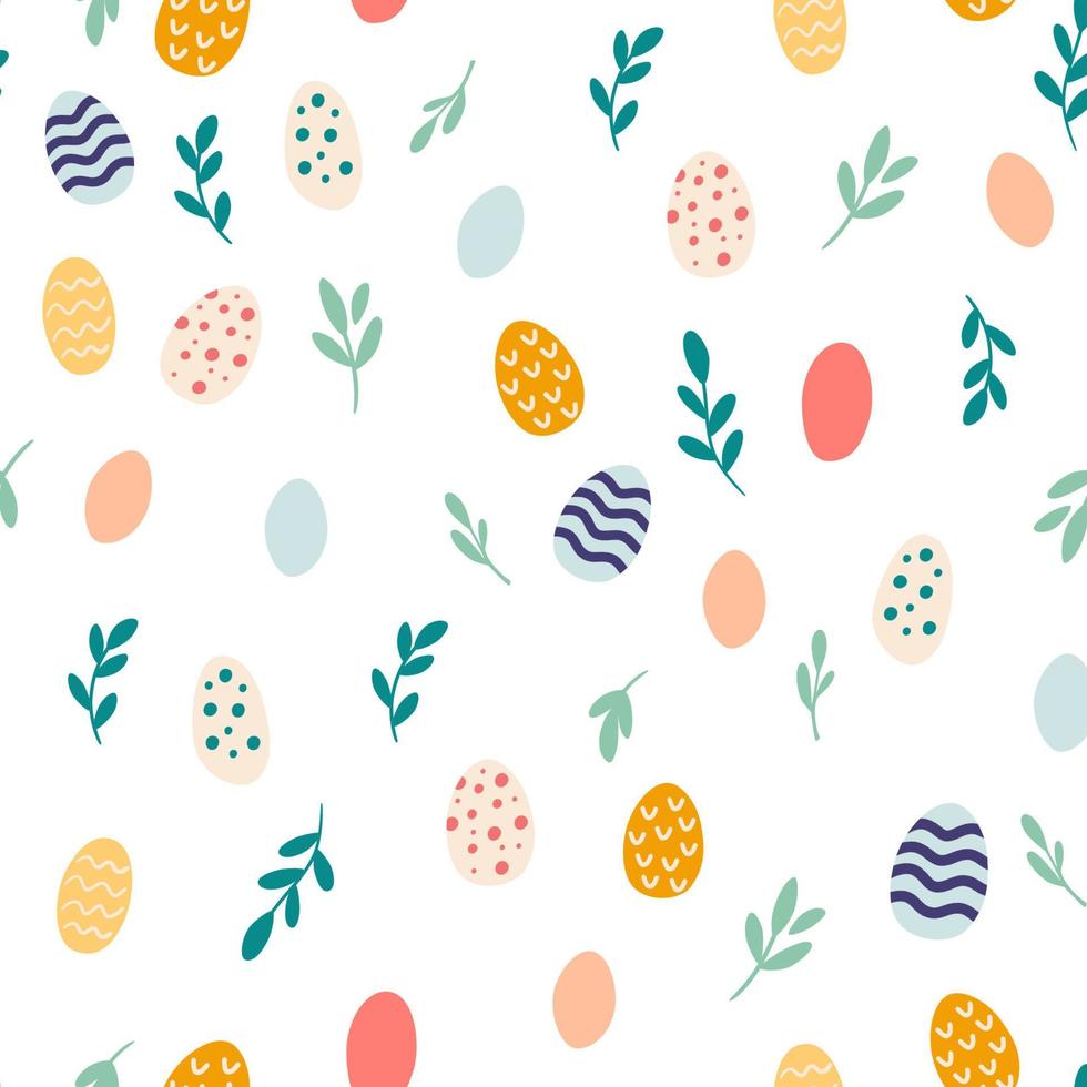 Easter eggs seamless pattern. Various flowers, leaves and decorative eggs. Texture for textile, postcard, wrapping paper, packaging etc. Vector cartoon illustration.