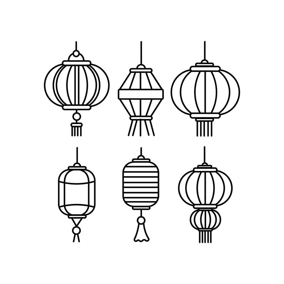 conjunto vectorial de farolillos chinos, lámpara de icono japonesa, farolillos colgantes de decoración asiática tradicional. vector