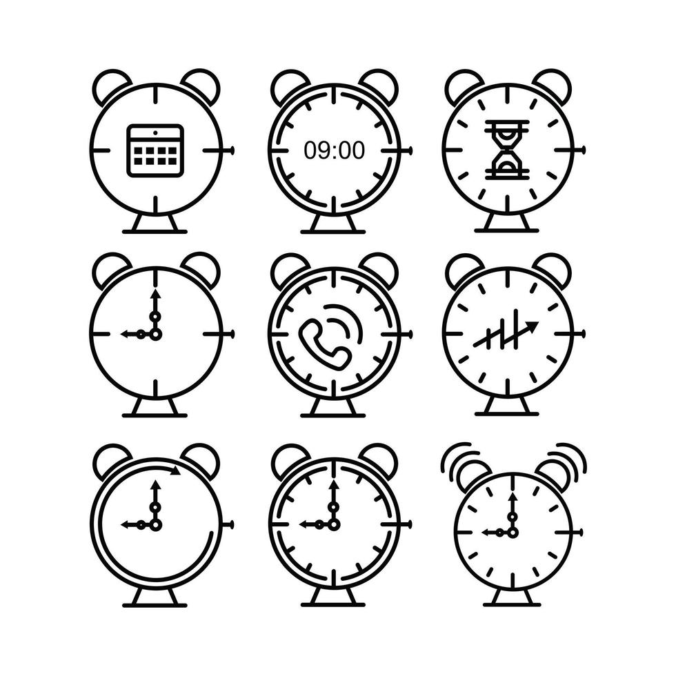 iconos de línea de reloj de tiempo alarma y reloj inteligente reloj de 24 horas vector