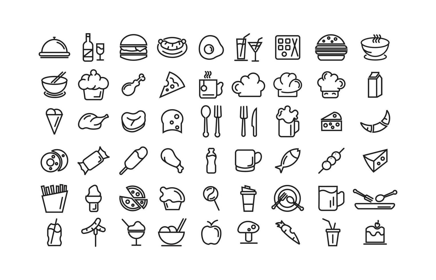 conjunto de iconos de vector de línea de comida rápida, bebida y comestibles, productos alimenticios.