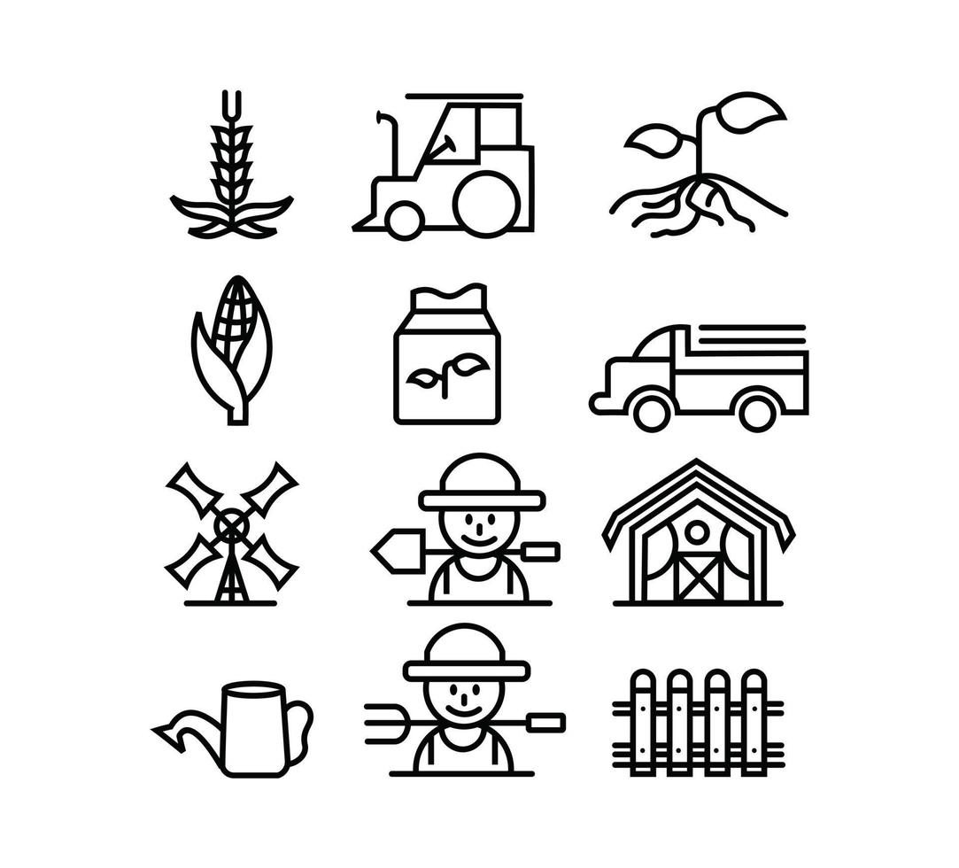 conjunto de iconos de línea agrícola y agrícola, contiene camiones cosechadores, tractores, agricultores, aldeas, edificios agrícolas, palas, cultivos, brotes. vector