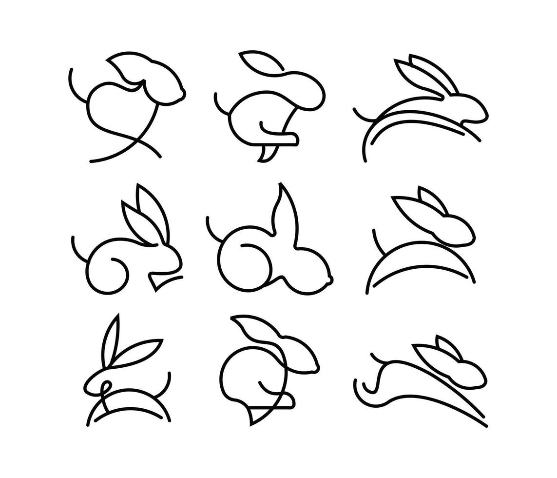 configurado en un simple icono de conejo de estilo de una línea. conjunto de iconos de conejo en blanco y negro concepto mínimo ilustración vectorial vector