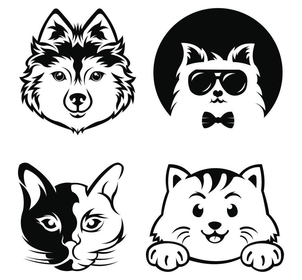 inspiration Portrait of a cat, Cute kitten, Black white illustration of a cat, Stylized pet, Cat head tattoo. vector