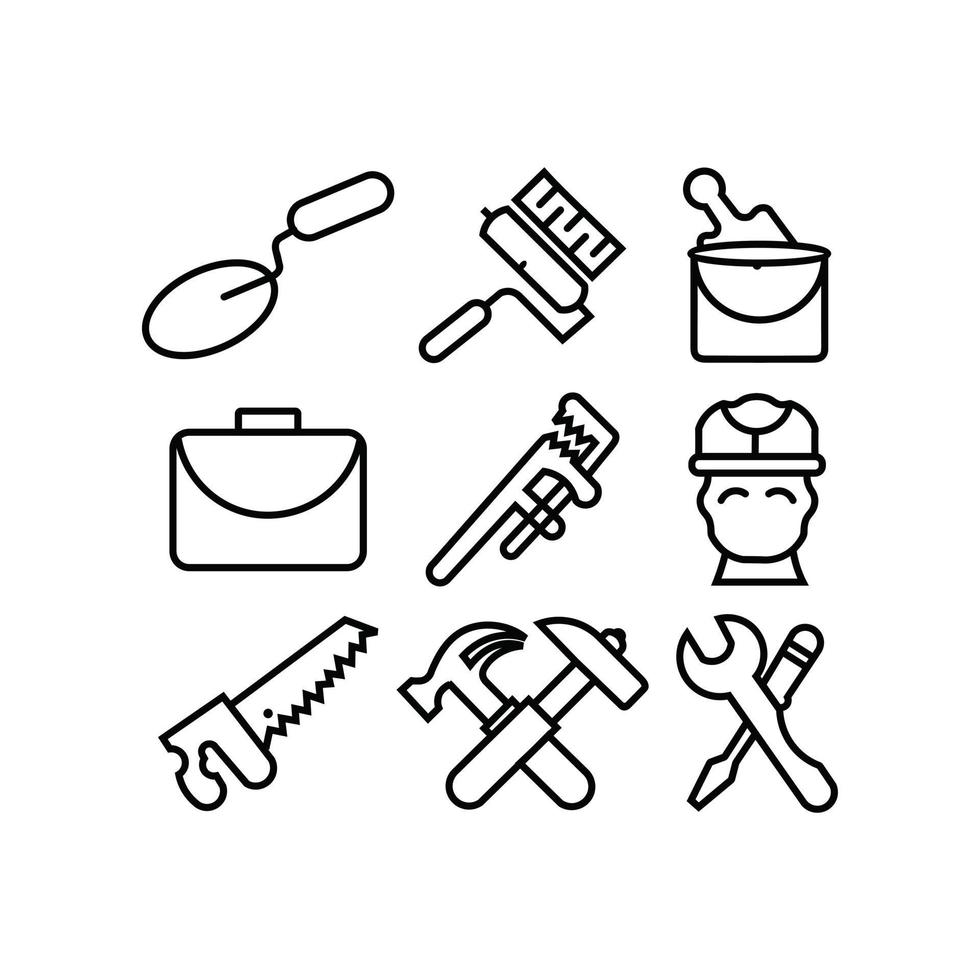 builder tools Construction site workflow and management  design icons,Machinery and building equipment outline line logo vector