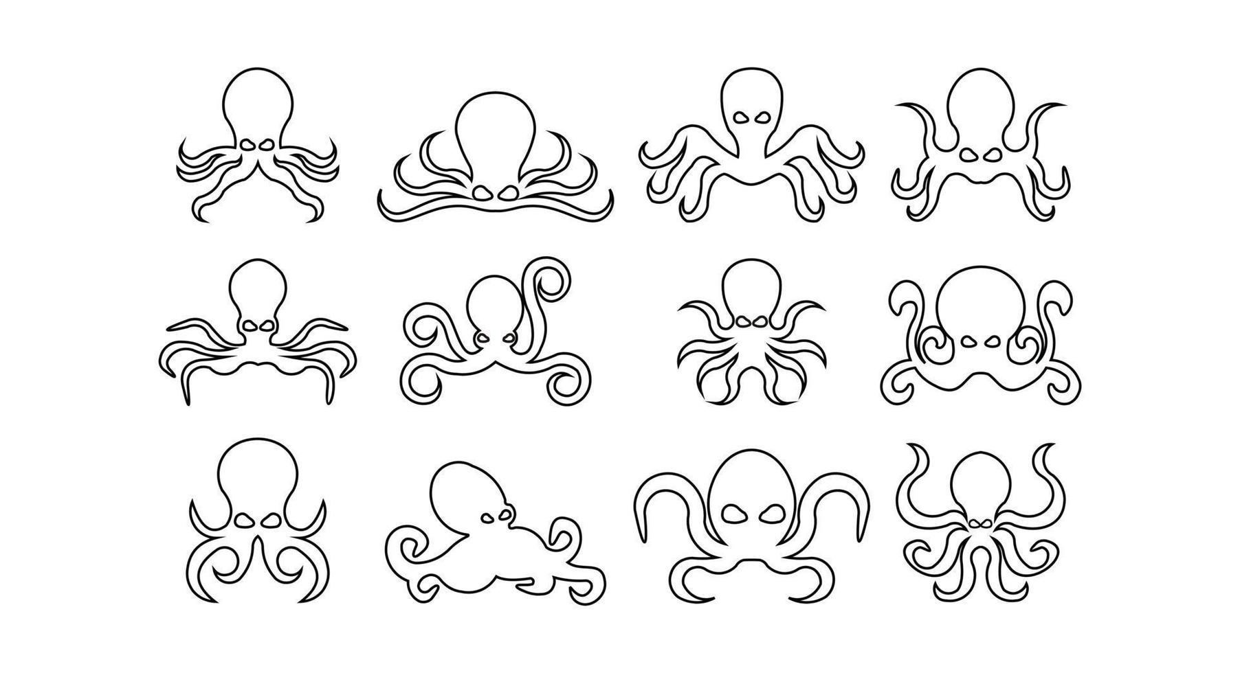 conjunto de íconos de pulpo de mariscos, icono de línea de pulpo aislado en fondo blanco. vector