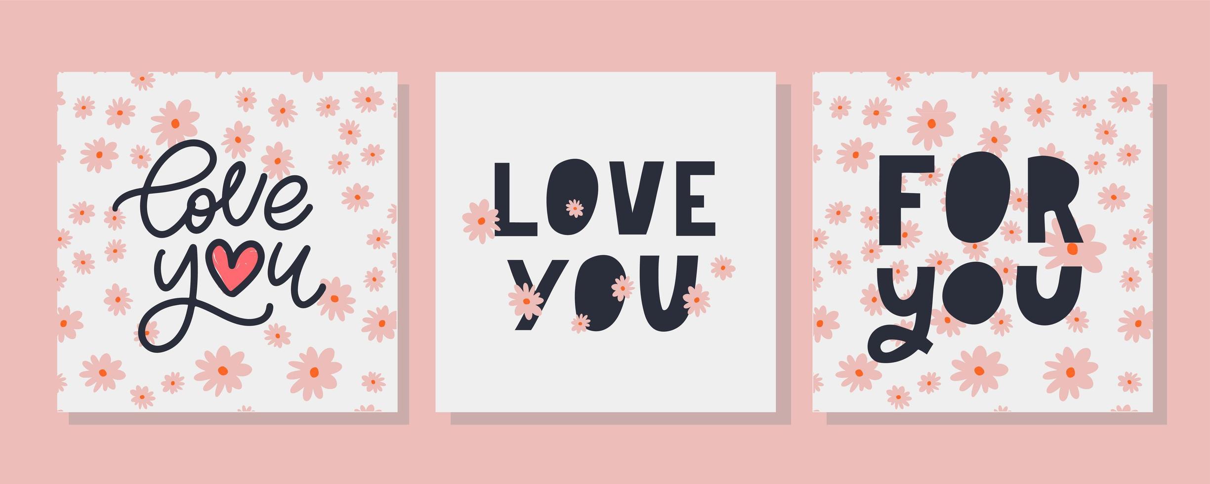 For you Love you set text lettering Valentine's day banner with flowers vector