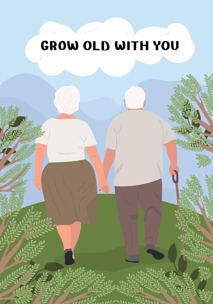 An elderly couple is walking holding hands. back view. vector