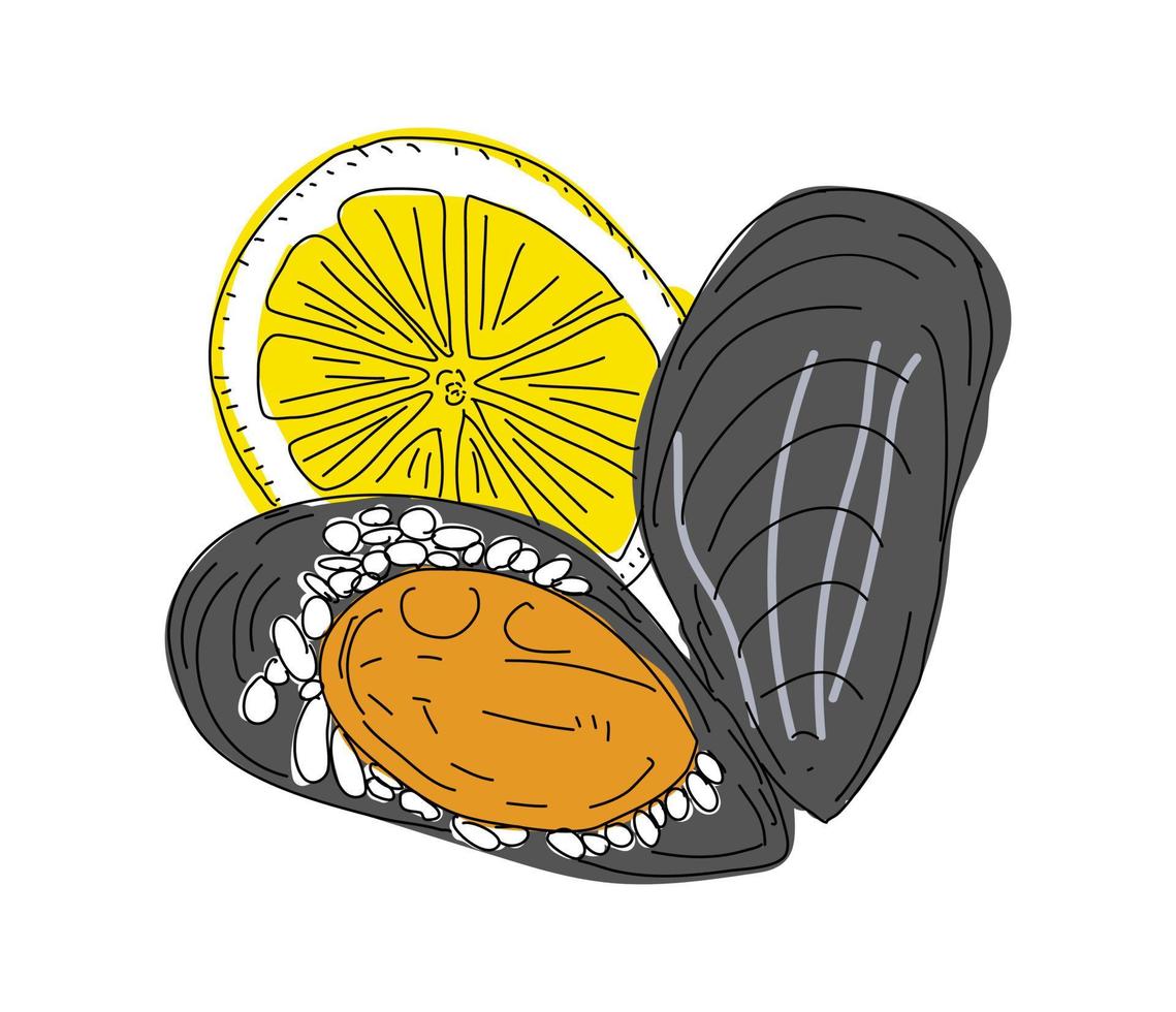 Street food. Stuffed mussels. vector