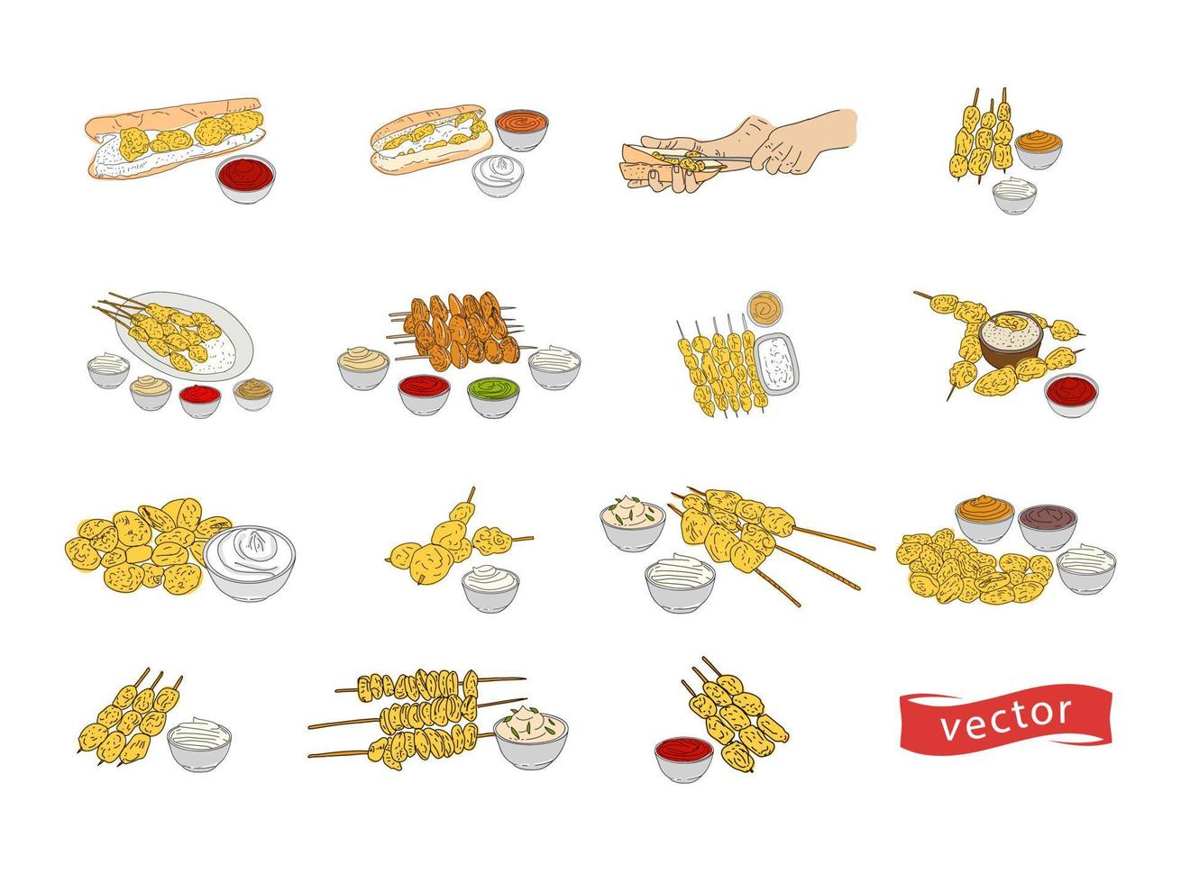 Fried mussels hand drawn vector design.