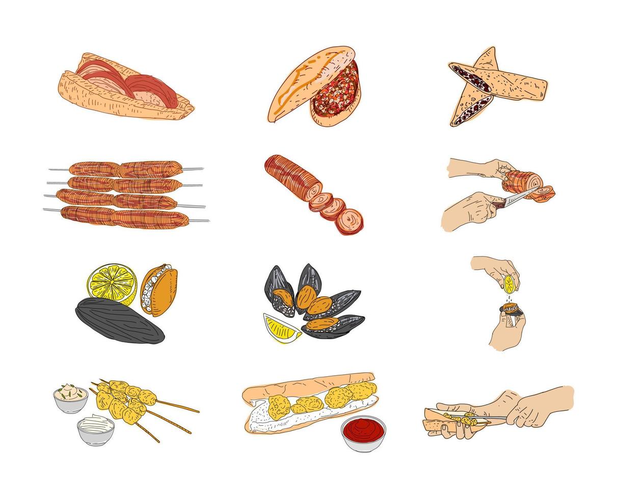 kokorec, mejillones rellenos, mejillones fritos, diseño vectorial dibujado a mano. vector