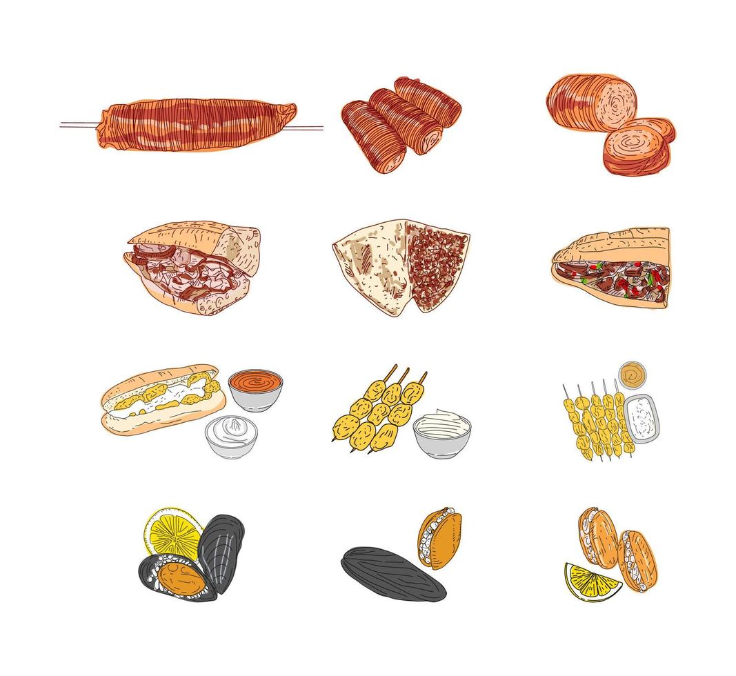 kokorec, mejillones rellenos, mejillones fritos, diseño vectorial dibujado a mano. vector