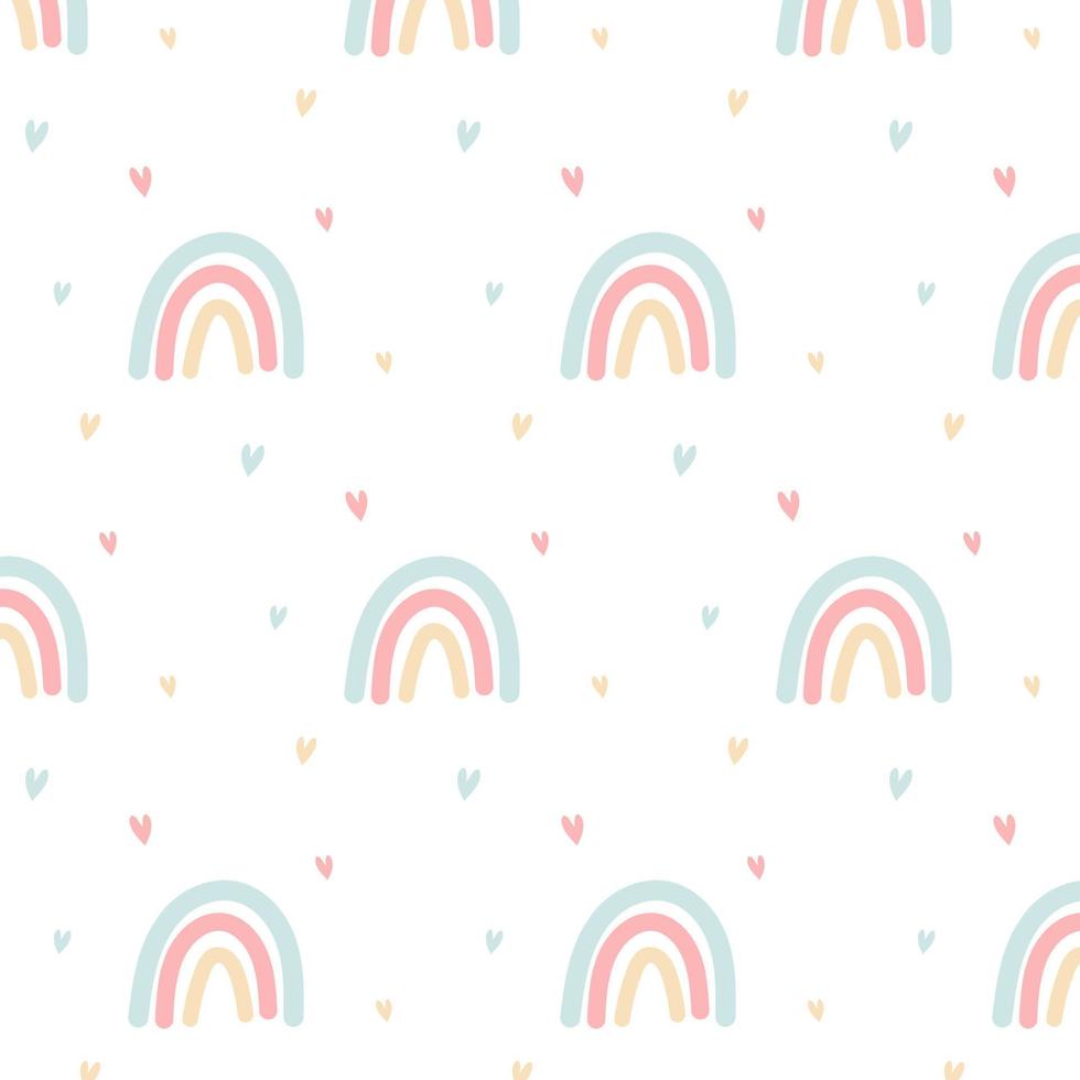 Seamless pattern with boho pastel Rainbow and hearts. vector