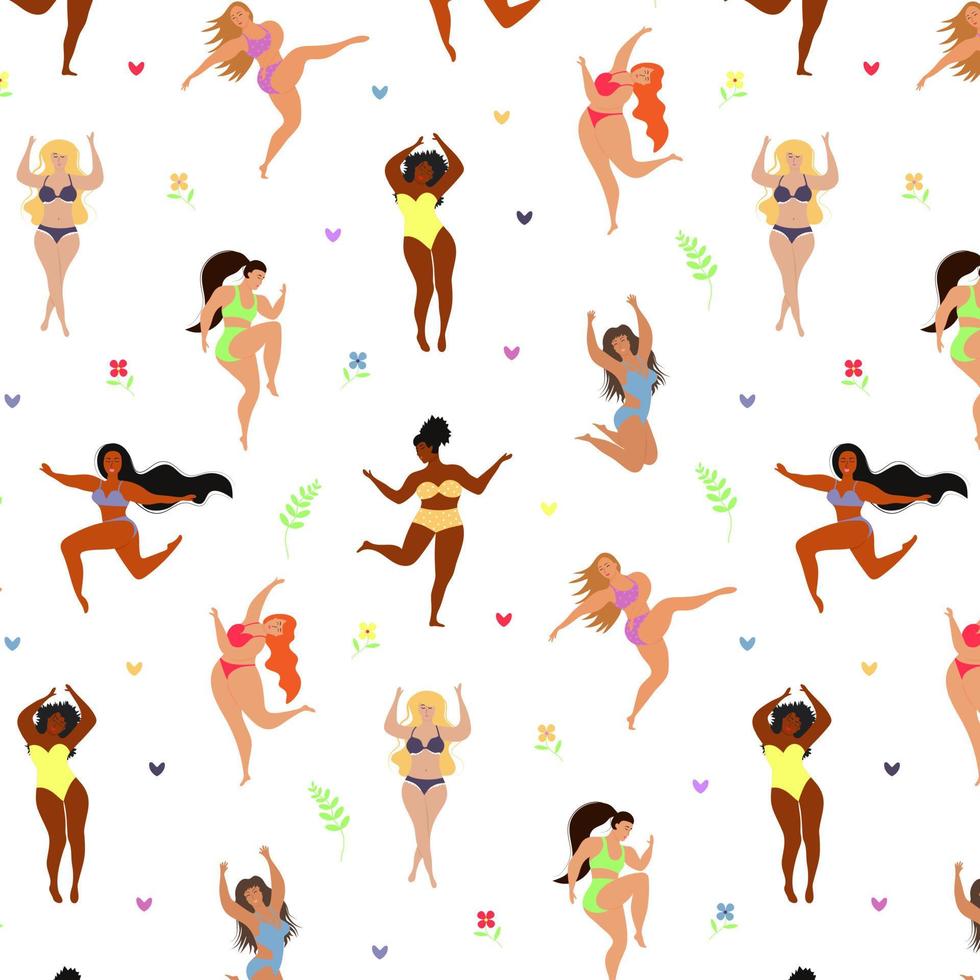 Seamless pattern of body positive happy women,hearts and twigs. vector