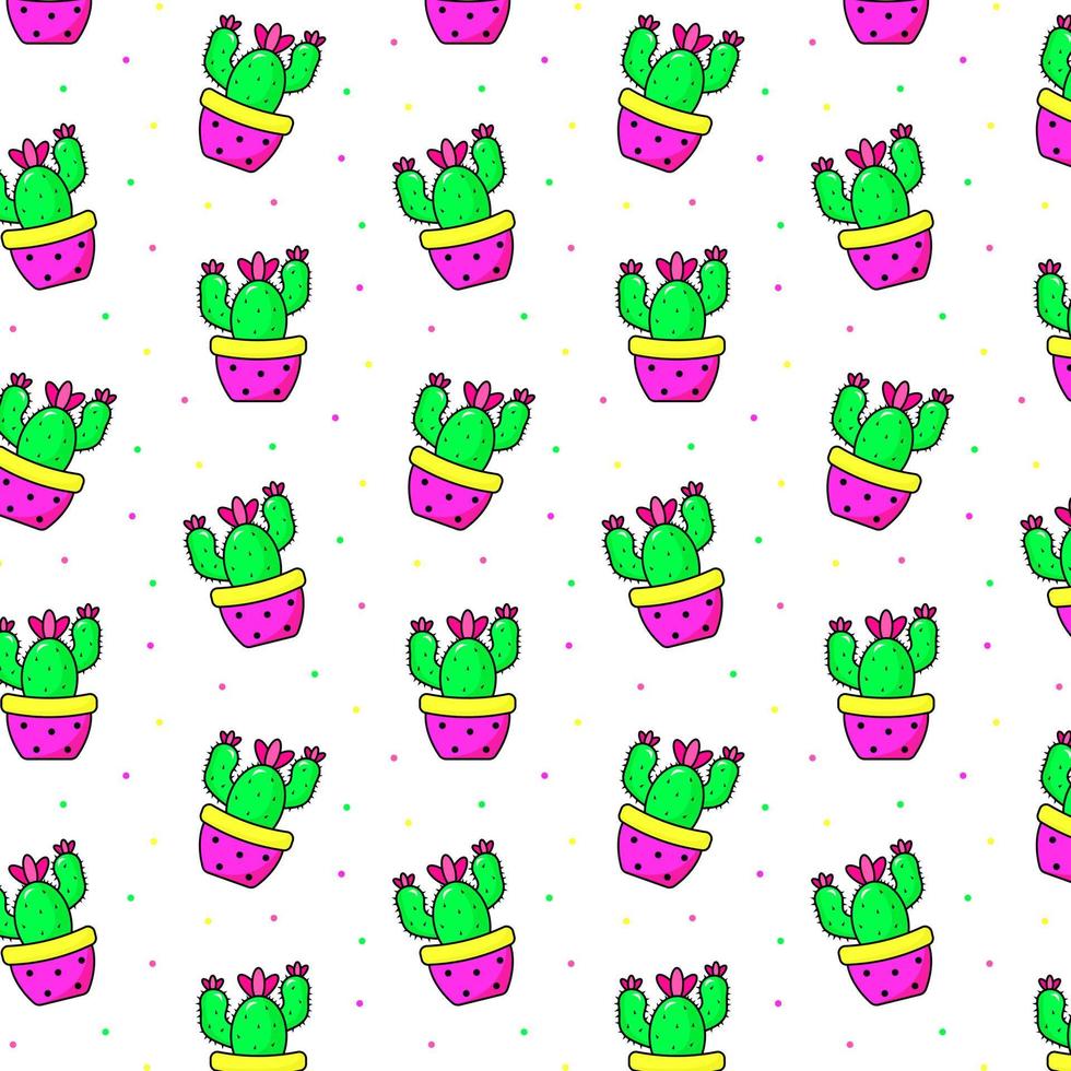 Seamless pattern with bright potted cactus. vector