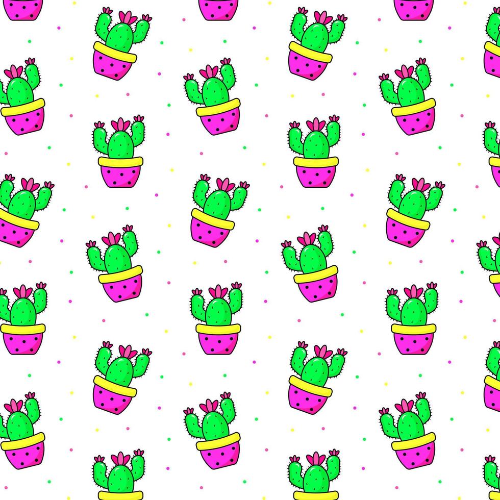 Seamless pattern with bright potted cactus. vector