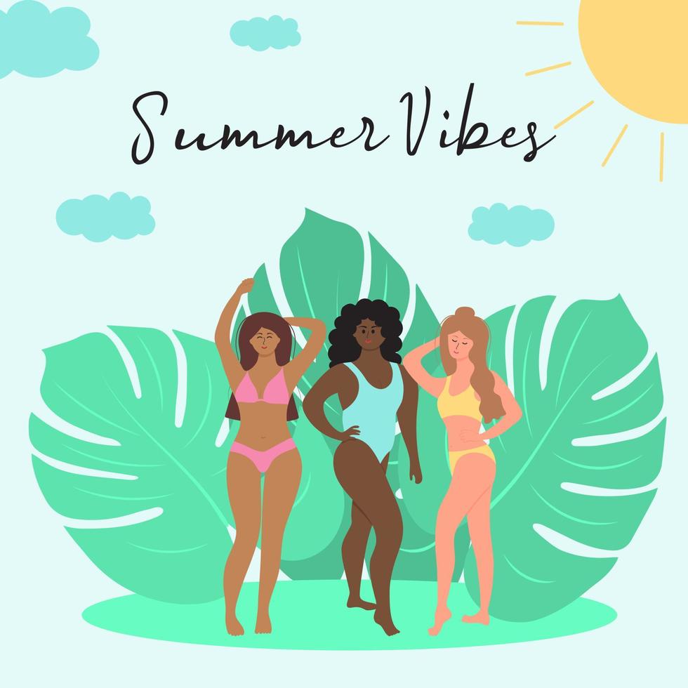 Women in swimsuits of different nationalities and physiques are standing opposite monstera leaves. Summer vibes lettering. vector