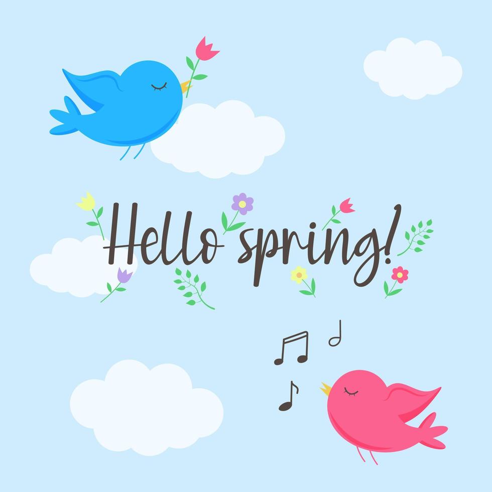 Postcard with text Hello spring, cute birds flying among clouds and cartoon flowers. vector