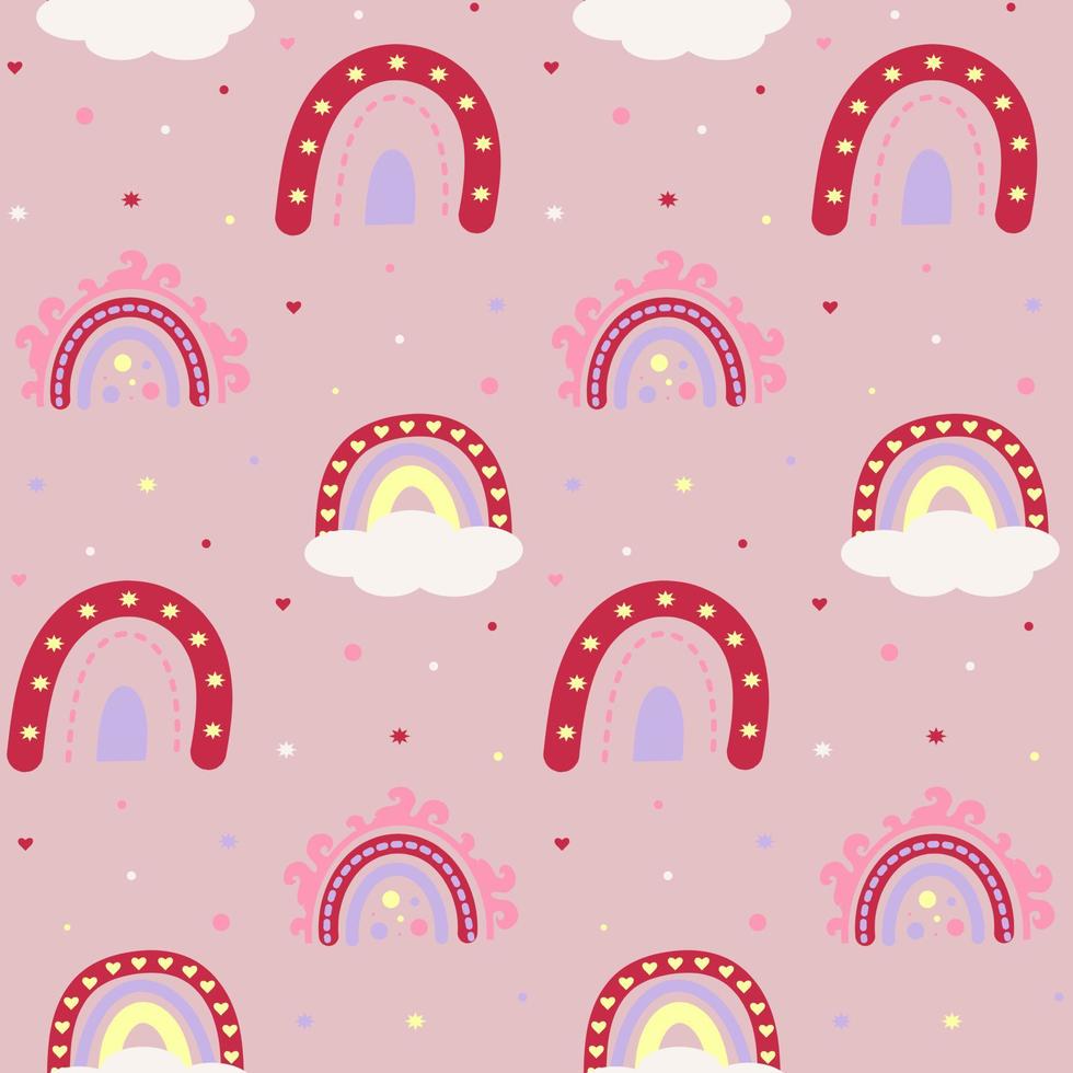 Seamless pattern with boho rainbows, hearts, stars, dots. vector