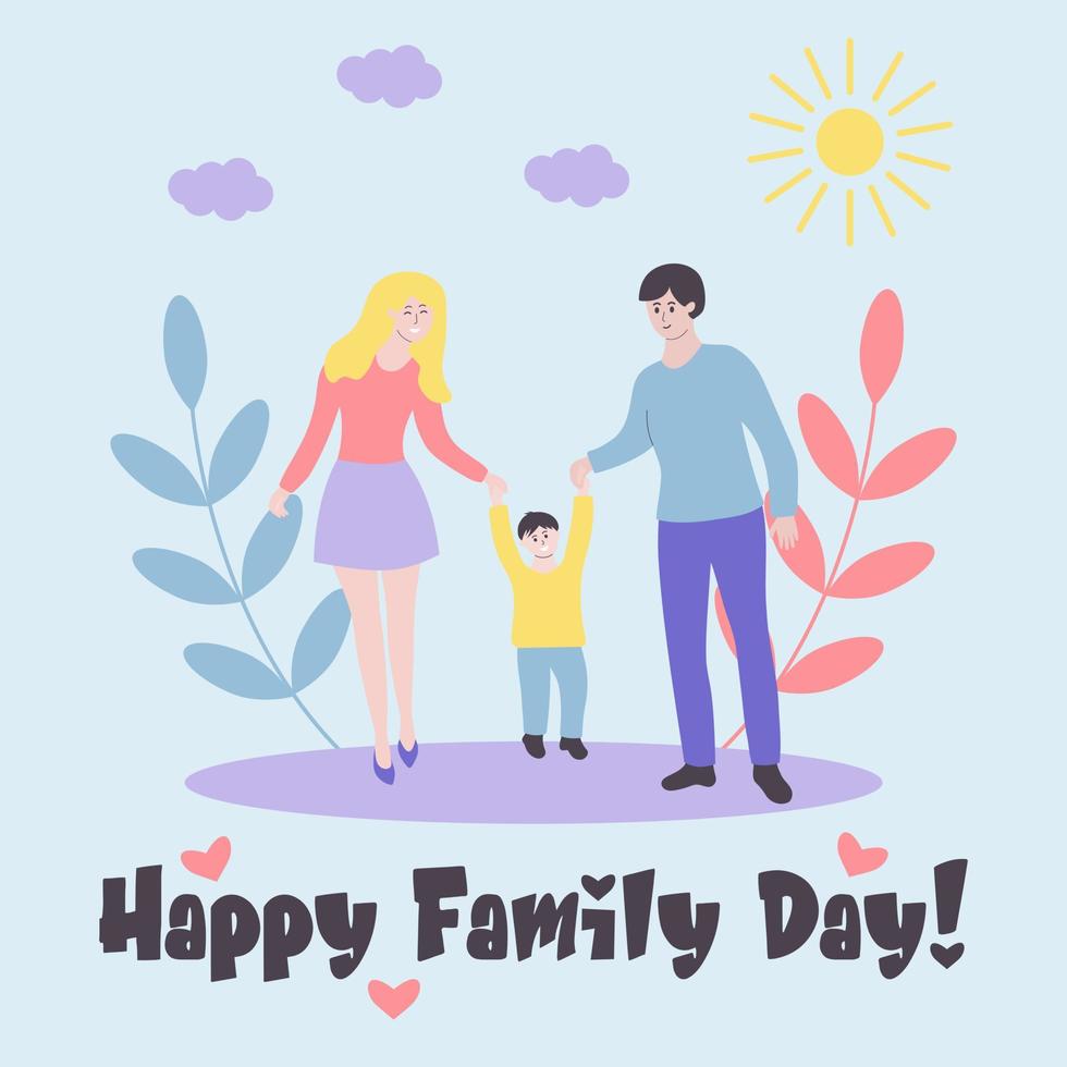 cartel del día de la familia feliz. familia joven en un paseo. mamá, papá e hijo pasan tiempo juntos. vector