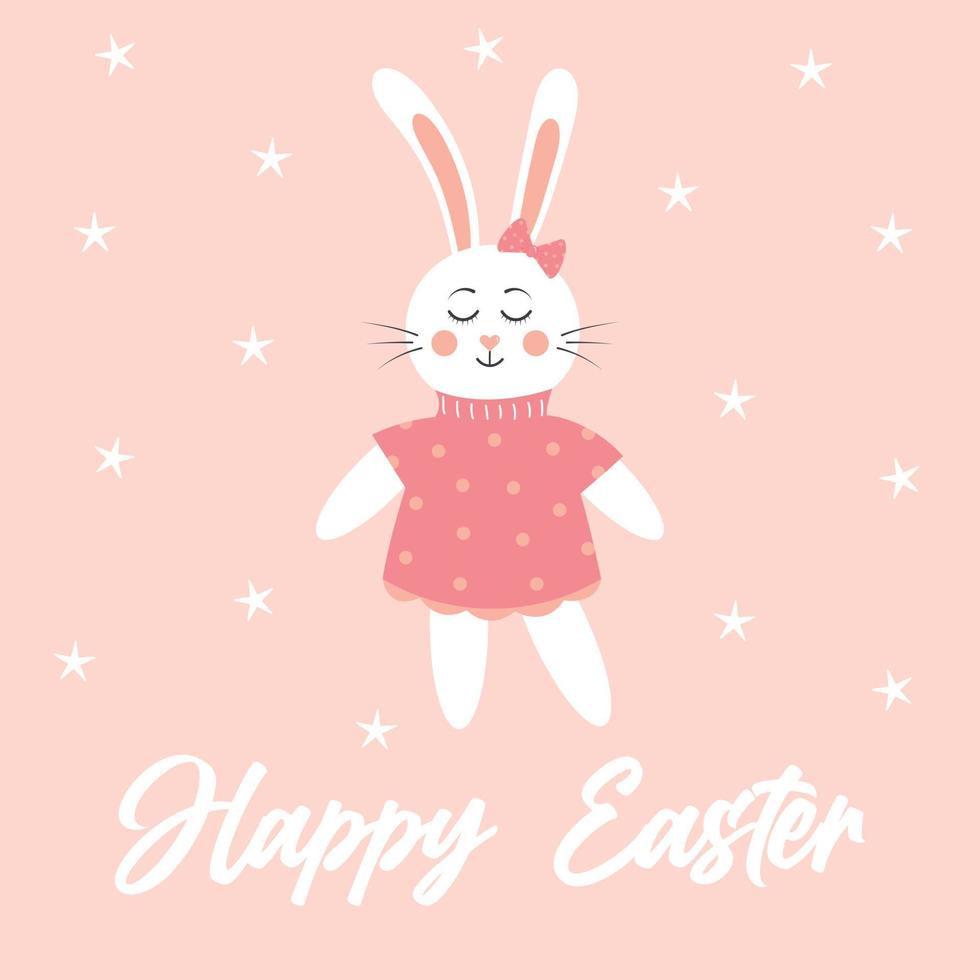 Cute Easter bunny girl in dress and bow. Scandinavian happy baby rabbit with stars. Happy Easter postcard. vector