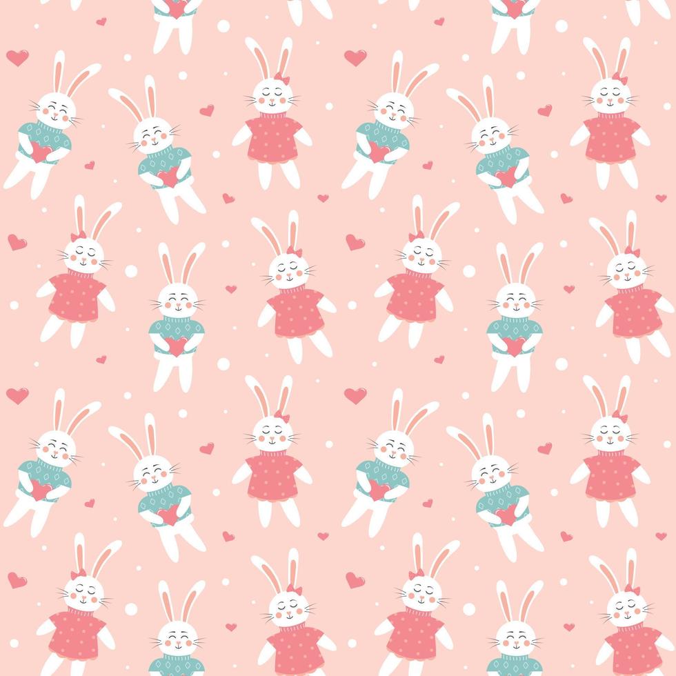 Seamless pattern with cute rabbits in love. Scandinavian happy baby bunnies in clothes with hearts. vector