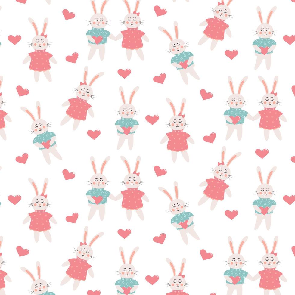 Seamless pattern with cute rabbits in love. Scandinavian happy baby bunnies in clothes with hearts. vector