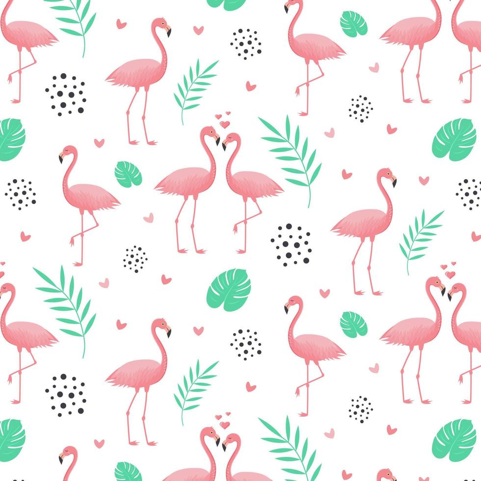 Seamless pattern with flamingos, hearts, dots, monsteras leaves and twigs. vector