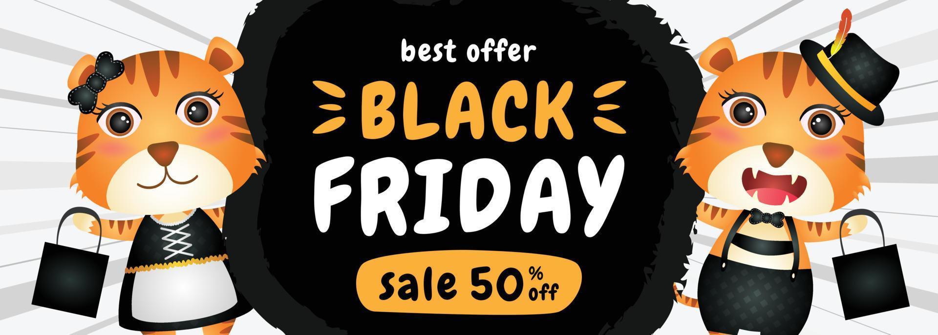 spacial discount black friday sale banner with cute tiger illustration vector