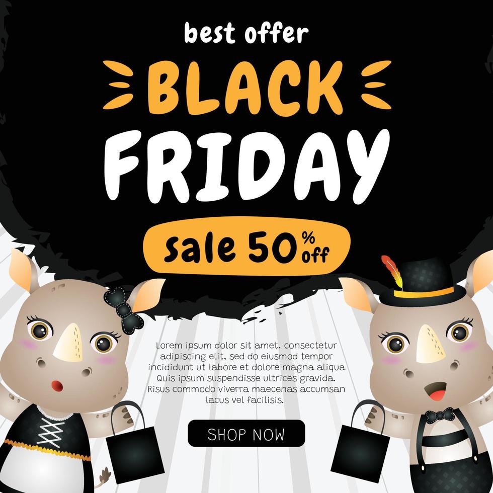 spacial discount black friday sale banner with cute rhino illustration vector
