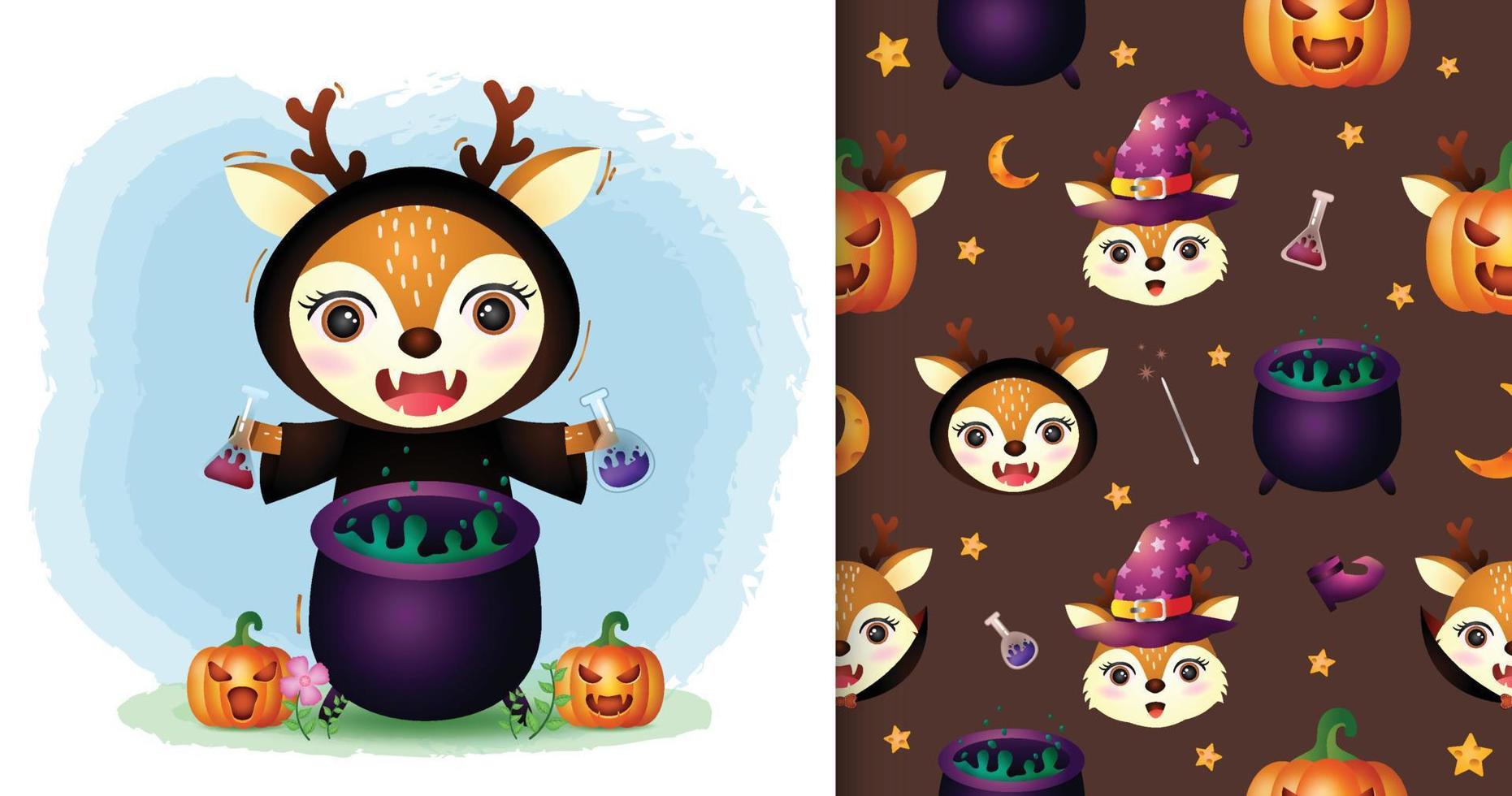 un lindo ciervo con disfraz de bruja colección de personajes de halloween. diseños de patrones e ilustraciones sin costuras vector