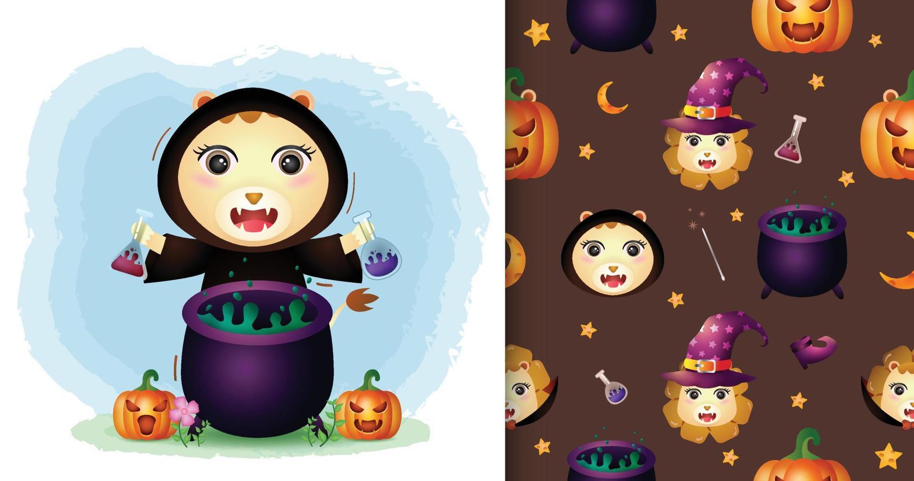 a cute lion with witch costume halloween character collection. seamless pattern and illustration designs vector