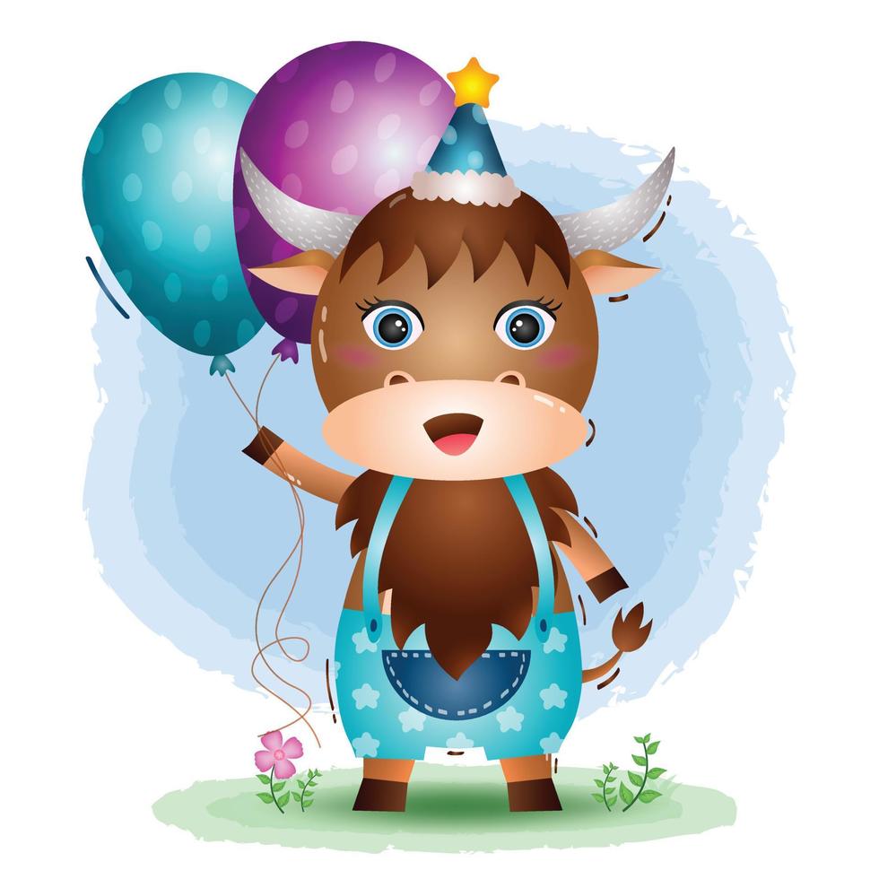 a cute buffalo using birthday hat and holds balloon vector