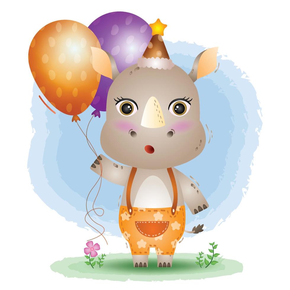 un lindo rinoceronte con sombrero de cumpleaños y sostiene un globo vector
