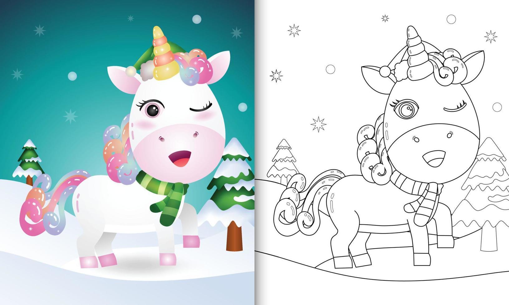 libro para colorear con un ciervo unicornio colección de personajes navideños con gorro y bufanda vector