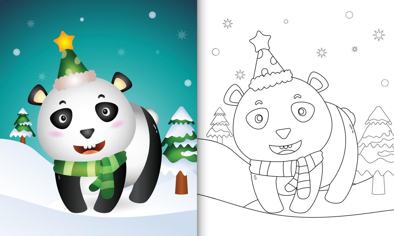 libro para colorear con una linda colección de personajes navideños de panda con gorro y bufanda vector