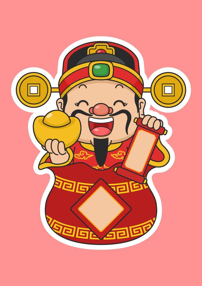 Cute Chinese New Year Fortune God Holding Gold Money And Scroll In Bag vector