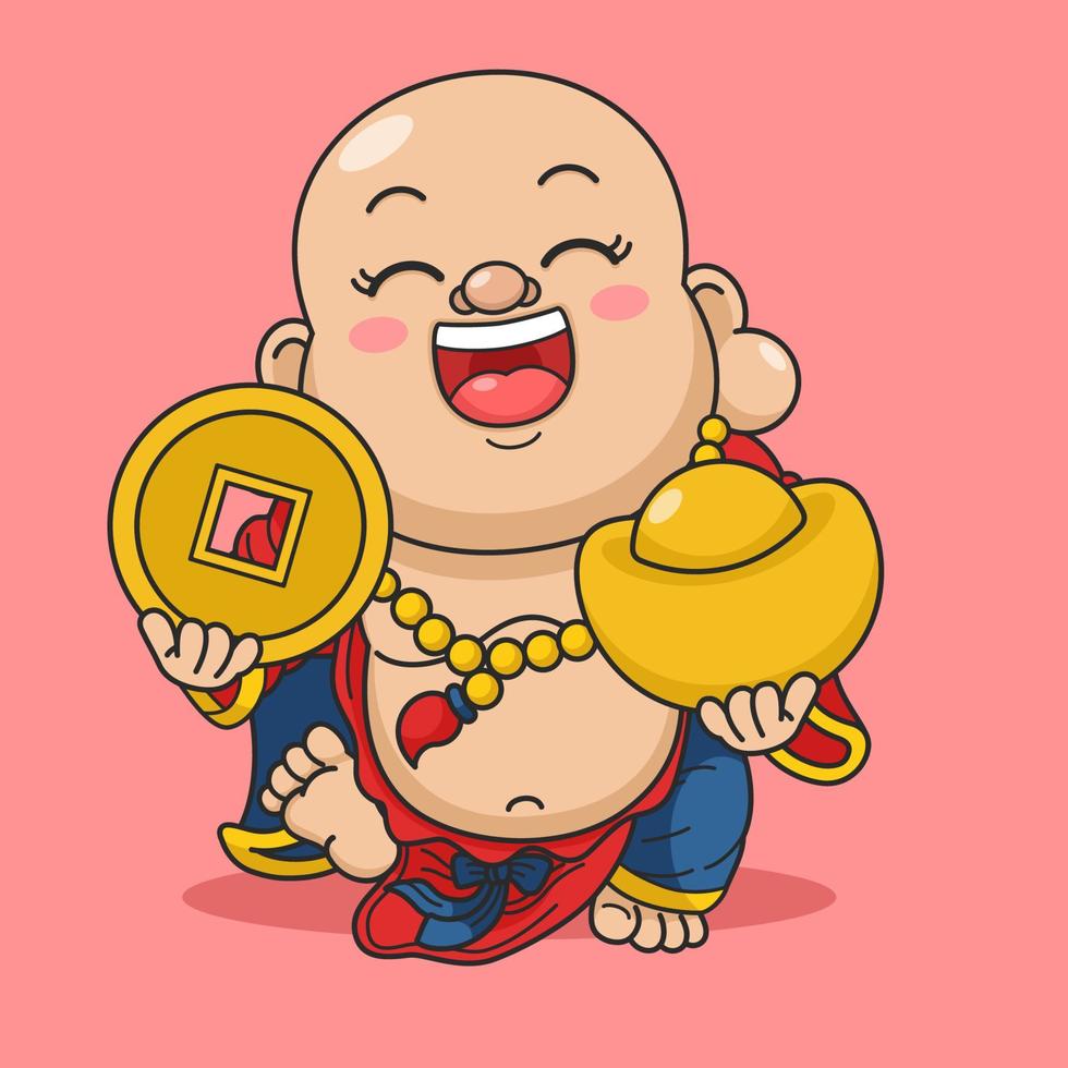 Cute Chinese New Year Fortune God Laughing Buddha Holding Gold Coin And Money vector