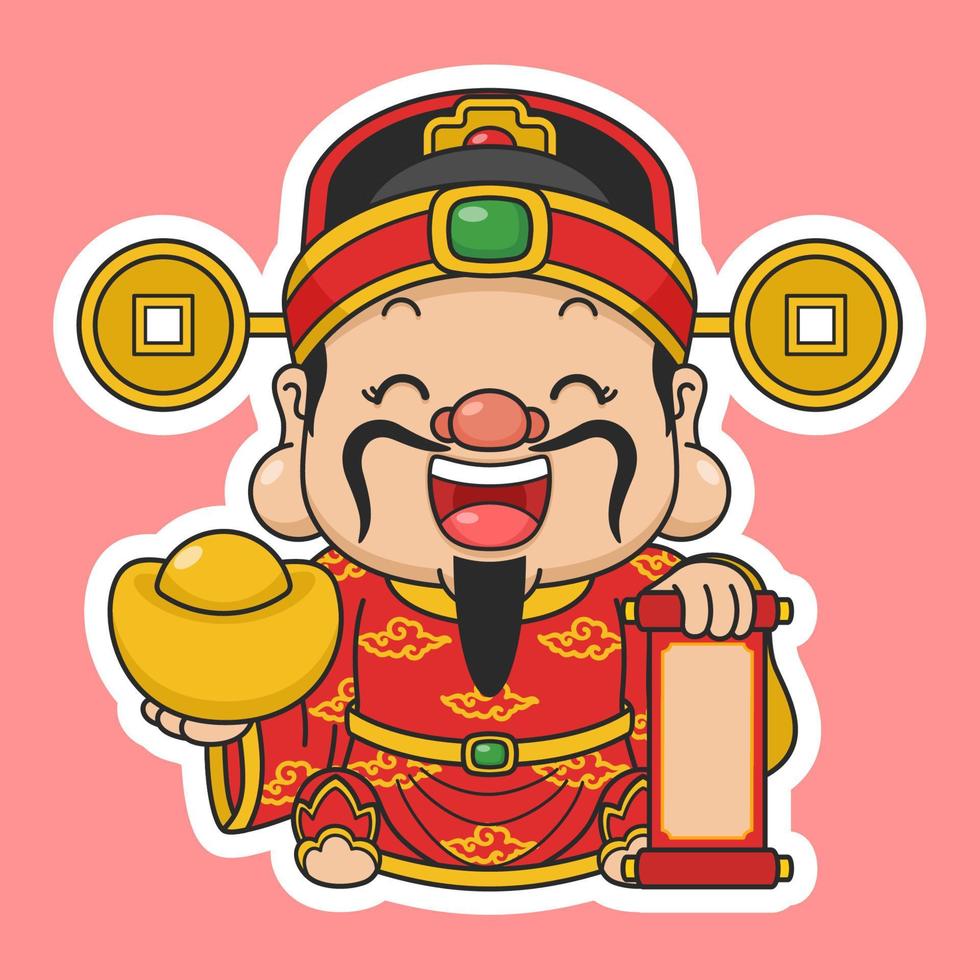 Cute Chinese New Year Fortune God Holding Gold Money And Scroll vector